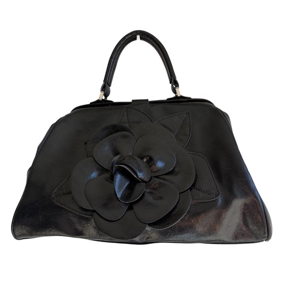 Jessica Simpson Rose Applique‎ Black Faux Leather Medium Satchel/Top Handle - Picture 1 of 12